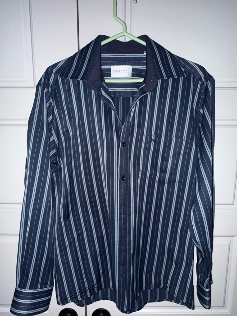 Armani Collezioni Navy and White Vertical Stripe Button-Down Shirt